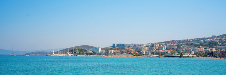 sea and city scape with terre line in turkey kusadasi