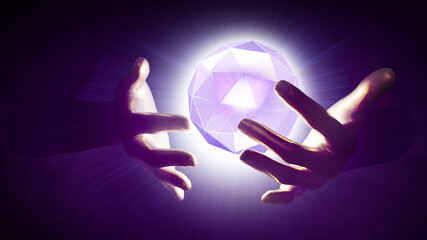 Glowing object illuminates the hands of a person in the dark