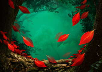 Red leaves falling in blue misty forest. Autumn landscape, fall scene in turquoise woods