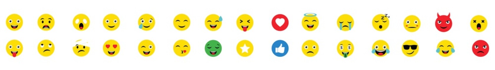 Set of Emoticon. Emoji big collection. Yellow smiley, sad emotion, cry emotion, cartoon emoticons and more, vector illustration