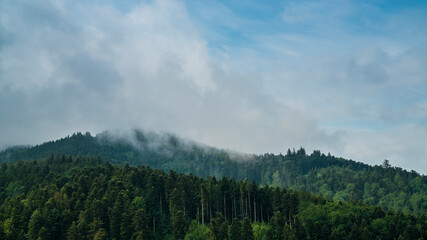 Germany, Black Forest Schwarzwald view above wide green forested mountains with mystical foggy clouds and blue sky