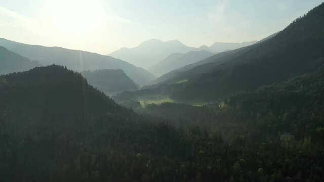 Drone flight over forest and mountains in Bavaria, Germany