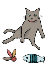 おもちゃで遊び疲れた猫の手描きイラスト