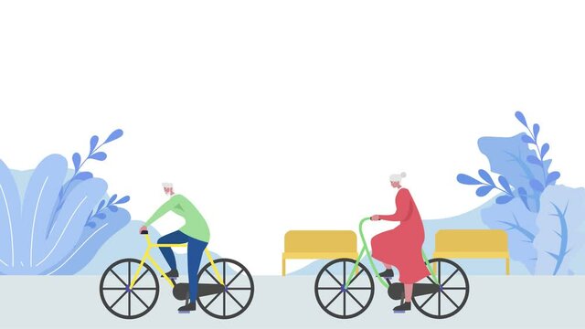 Old couple riding bicycle together in the park