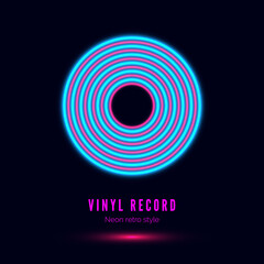 Neon Vinyl Retro Record. Album cover or template for party invitation in retro style. Vector