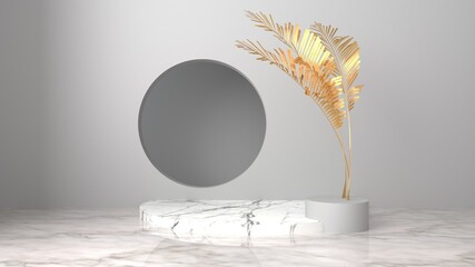 3d rendering of white marble and golden leaves on black marble background, minimal concept, blank space, luxury minimalist mockup , platform showcase product sale banner presentation cosmetic