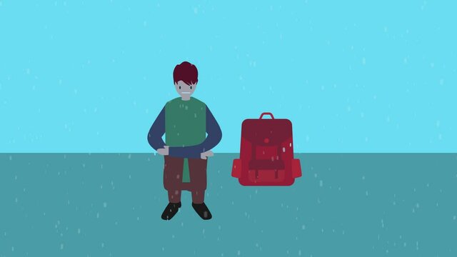 Sad male child feeling cold while sit under raining