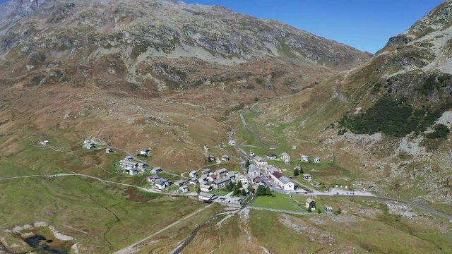 Aerial 4K - Montespluga, Italy, view of the village towards the Swiss border
