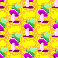 seamless pattern caterpillar character sitting on a pink mushroom on a yellow background. Vector image