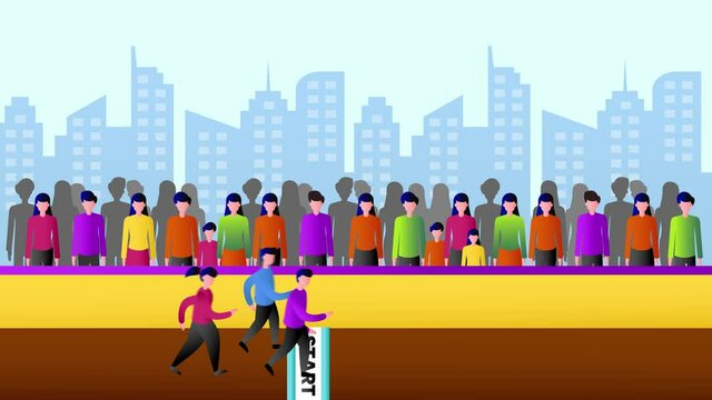 Three athletes run in race track with crowded viewer