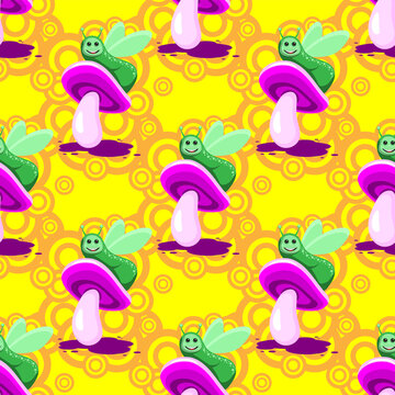seamless pattern caterpillar character sitting on a pink mushroom on a yellow background. Vector image