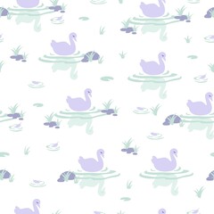 Fototapeta premium Swan swimming in water with reflections vector seamless pattern