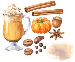 Watercolor pumpkin spice latte set with cinnamon, coffee beans and allspice on white background. Watercolour fall season food illustration.