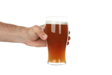 Hand holds glass of beer, isolated on white background