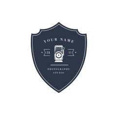 Photographer Camera logo shield design.