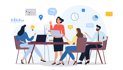 Business process and teamwork concept showing a dedicated team in a brainstorming meeting sharing ideas, colored vector illustration