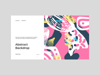 Homepage design with abstract illustration. Colorful lines, spots, dots and paint strokes. Decorative backdrop. Hand drawn texture, elements and shapes. Eps10 vector.	