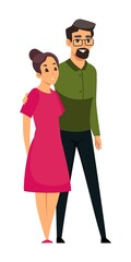 Happy man and woman standing together. Cute couple in relationship vector illustration. People in love, romantic scene. Husband and wife, young girl in dress with boyfriend