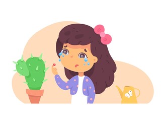 Small girl touching cactus and crying. Sad kid hurt finger pricking thorn. Crying with tears from pain, blood on injured skin. Cute child with plant in pot vector illustration
