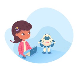 Kid playing with robot from laptop. Girl coding and engineering science project on computer. Weekend hobby activities vector. Smart child having fun programming illustration