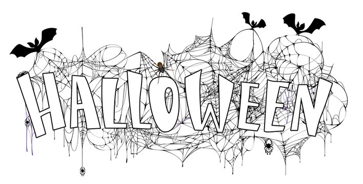 Halloween text banner spiderweb, bat and spider isolated on white