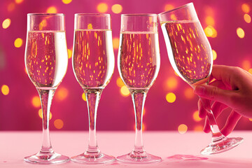Four champagne glasses against pink background with blurred garland