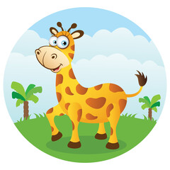 Cartoon Giraffe walking in  grassland