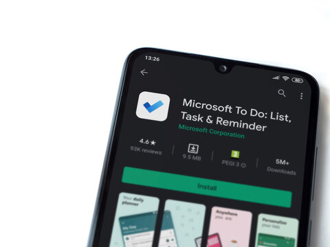 Lod, Israel - July 8, 2020: Microsoft To Do app play store page on the display of a black mobile smartphone isolated on white background. Top view flat lay with copy space.