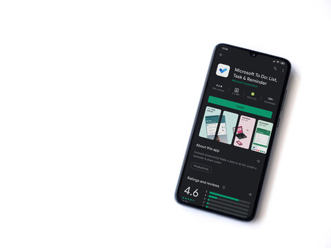 Lod, Israel - July 8, 2020: Microsoft To Do app play store page on the display of a black mobile smartphone isolated on white background. Top view flat lay with copy space.