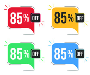 85% off. Red, yellow, green and blue tags with eighty-five percent discount. Banner with four colorful balloons with special offers vector.