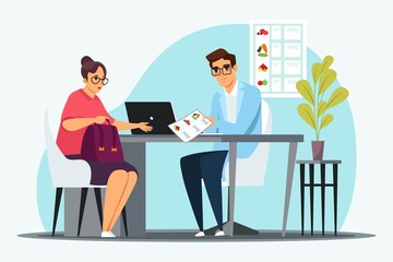 Nutritionist makes diet plan for woman patient in office