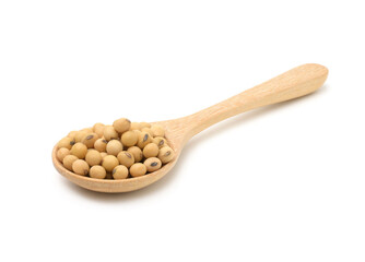 Soybeans in a wooden spoon isolated on white background,Agricultural products.