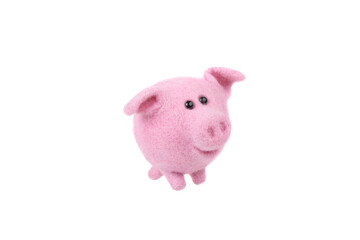 Handmade felt toy isolate on a white background. Pink piglet made of wool. Soft toy pig.