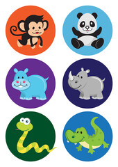Assorted cartoon safari zoo animal icons