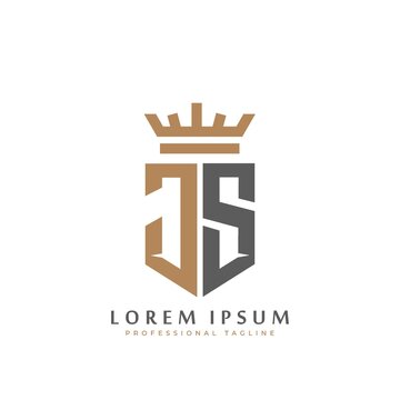 Premium JS Monogram of Two letters J&S. Elegant gold shield initials and crown geometric old retro graphic logo design. alphabet vector elements stock illustration