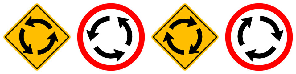 Roundabout left and right traffic road sign vector set isolated on white background