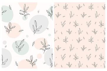Hand Drawn Floral Seamless Vector Patterns. Black Sketched Olive Leaves and Twigs Isolated on a Light Pink and White Dotted Backgrounds. 