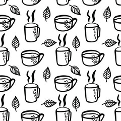 Drinks and autumn leaves pattern. Seamless picture for textiles, wallpaper, gift wrapping, postcards. Vector illustration.