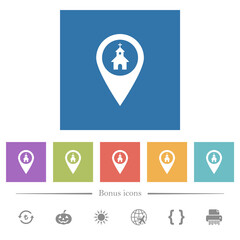 Church GPS map location flat white icons in square backgrounds
