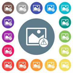 Image warning flat white icons on round color backgrounds
