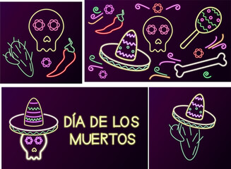 Dia de los Muertos or Day of the Dead  Spanish national holiday Neon Banner Design. set Vector colorful  Illustration of Mexican Holiday night party.