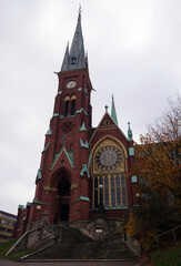 the view of clock tower of Oscar Fredriks Church in Gothenburg, Sweden.