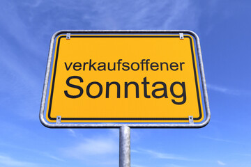 3d Illustration - Ortsschild - Ortstafel - verkaufsoffener Sonntag - Himmel - Wolken