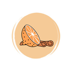 Cute orange slice and cinnamon icon vector, illustration on circle with brush texture, for social media story and instagram highlights	