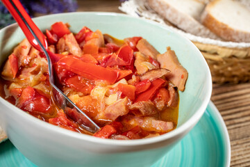Lecho - stew with peppers, onions and sausages.