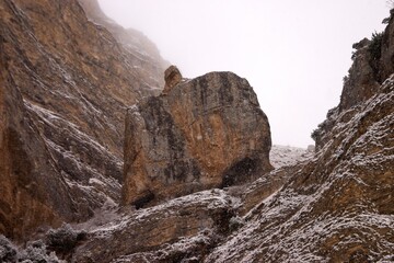 the mountains are in the fog