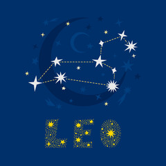 Hand drawn Leo zodiac star constellation design. Abstract starry map of the night sky with blue background and decorative lettering. Vector isolated illustration for posters, prints, birthday cards.