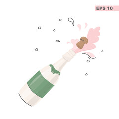 Christmas and New Year concept. Vector illustration of champagne and cork isolated on white background. For design, postcards, print. Opening a bottle of wine.
