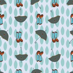 Blue autumn umbrella and boots repeat pattern print background