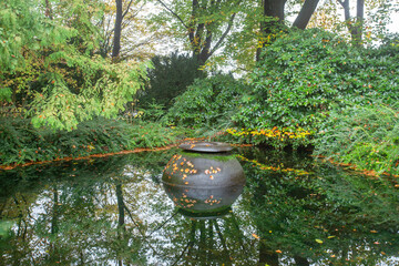 stone bowl in water (as fountain - not working) in japanese garden